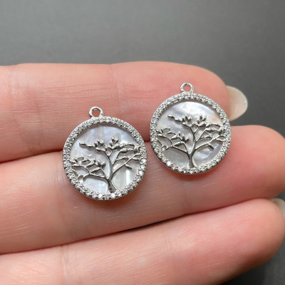 Подвеска дерево с перламутром и цирконами, цвет серебро 15 мм