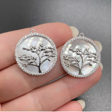 Подвеска дерево с перламутром и цирконами, цвет серебро 22 мм