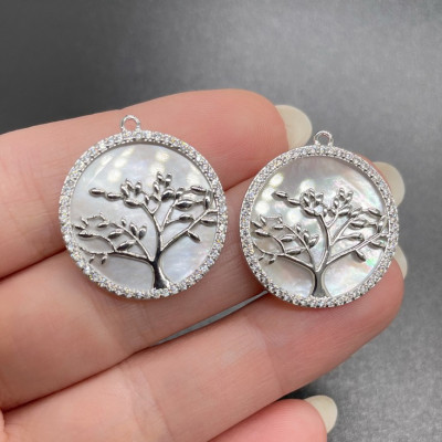 Подвеска дерево с перламутром и цирконами, цвет серебро 22 мм