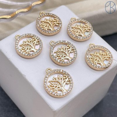 Подвеска дерево с перламутром и цирконами, цвет золото 12 мм