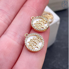 Подвеска дерево с перламутром и цирконами, цвет золото 12 мм