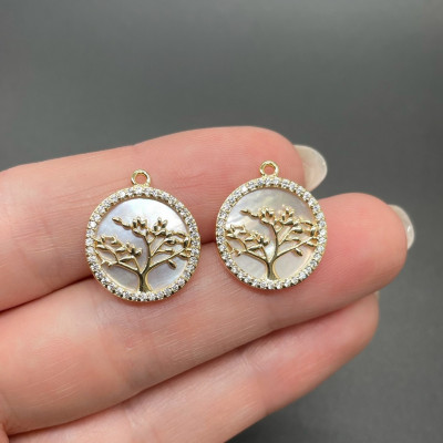 Подвеска дерево с перламутром и цирконами, цвет золото 15 мм