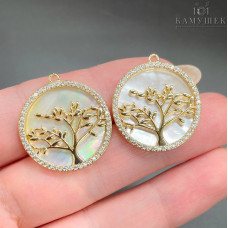 Подвеска дерево с перламутром и цирконами, цвет золото 22 мм