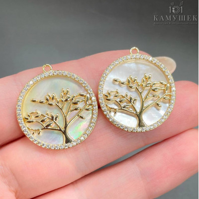 Подвеска дерево с перламутром и цирконами, цвет золото 22 мм