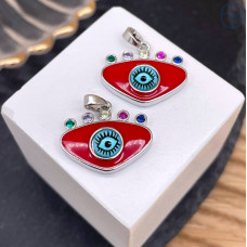 Подвеска глаз красная эмаль и цирконы микс, цвет серебро 19х14 мм 