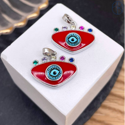 Подвеска глаз красная эмаль и цирконы микс, цвет серебро 19х14 мм 