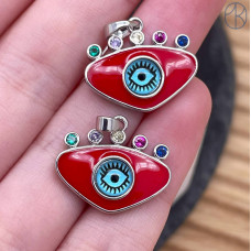 Подвеска глаз красная эмаль и цирконы микс, цвет серебро 19х14 мм 