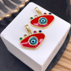 Подвеска глаз красная эмаль и цирконы микс, цвет золото 19х14 мм 