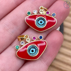 Подвеска глаз красная эмаль и цирконы микс, цвет золото 19х14 мм 