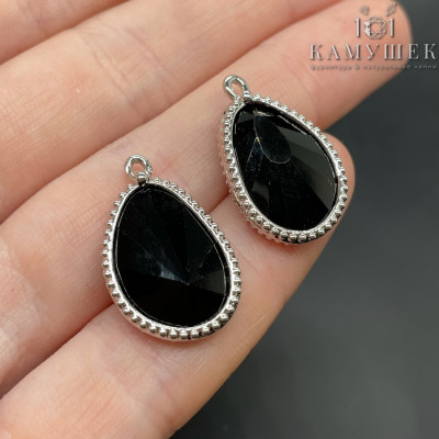 Подвеска капля агат черный, цвет серебро 23 мм