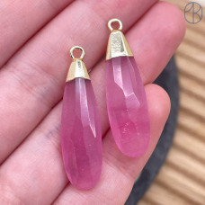 Подвеска капля огранка кварц розовый тонированный, цвет золото 30х9 мм