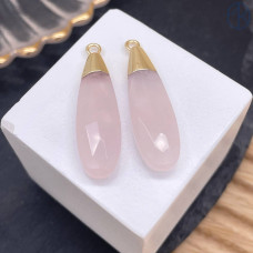 Подвеска капля огранка розовый кварц, цвет золото 30х9 мм