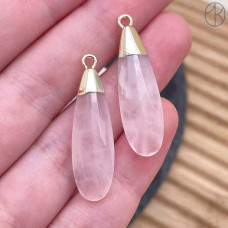 Подвеска капля огранка розовый кварц, цвет золото 30х9 мм
