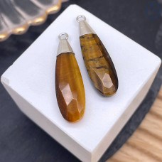 Подвеска капля огранка тигровый глаз, цвет серебро 30х9 мм