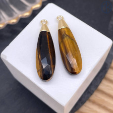 Подвеска капля огранка тигровый глаз, цвет золото 30х9 мм