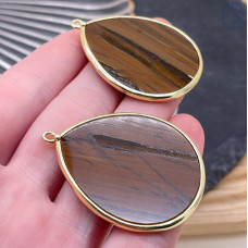 Подвеска капля тигровый глаз, цвет золото 40х34 мм