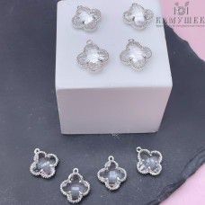 Подвеска клевер белый циркон, цвет серебро 13х11 мм