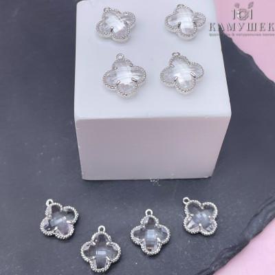 Подвеска клевер белый циркон, цвет серебро 13х11 мм