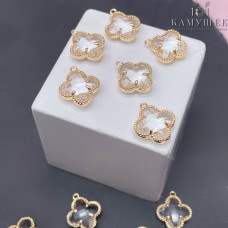 Подвеска клевер белый циркон, цвет золото 13х11 мм