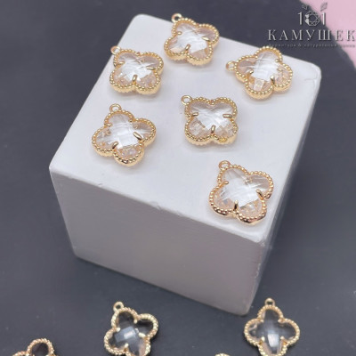 Подвеска клевер белый циркон, цвет золото 13х11 мм