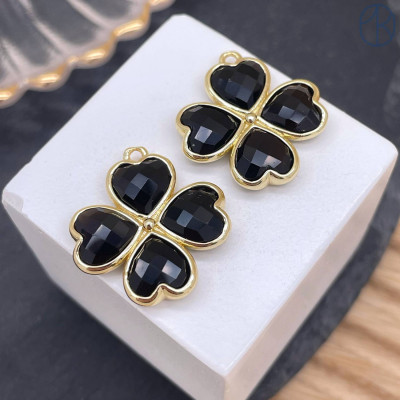 Подвеска клевер огранка агат черный, цвет золото 21 мм