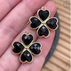 Подвеска клевер огранка агат черный, цвет золото 21 мм