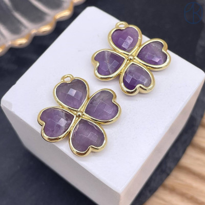 Подвеска клевер огранка аметист, цвет золото 21 мм