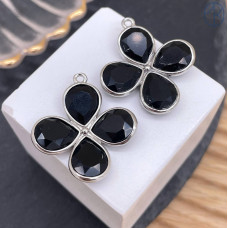 Подвеска клевер огранка черный агат, цвет серебро 25 мм