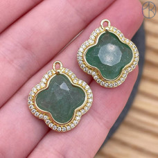 Подвеска клевер огранка цирконы кварц клубничный зеленый, цвет золото 18 мм