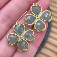 Подвеска клевер огранка кварц клубничный зеленый, цвет золото 21 мм
