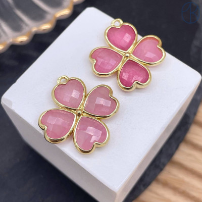 Подвеска клевер огранка кварц розовый тонированный, цвет золото 21 мм