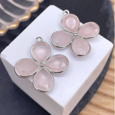 Подвеска клевер огранка розовый кварц, цвет серебро 25 мм