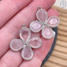 Подвеска клевер огранка розовый кварц, цвет серебро 25 мм