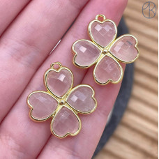 Подвеска клевер огранка розовый кварц, цвет золото 21 мм