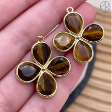 Подвеска клевер огранка тигровый глаз, цвет золото 25 мм