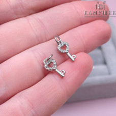 Подвеска ключ сердце с цирконами, цвет серебро 12х6 мм 