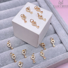  Подвеска ключ сердце с цирконами, цвет золото 12х6 мм