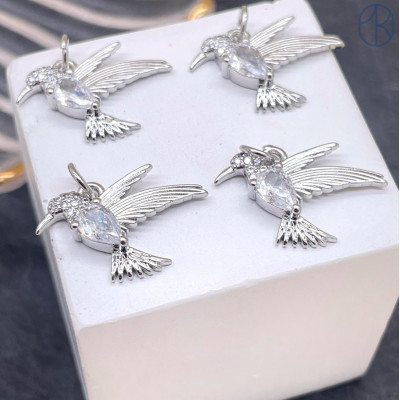 Подвеска колибри циркон, цвет серебро 19х22 мм 