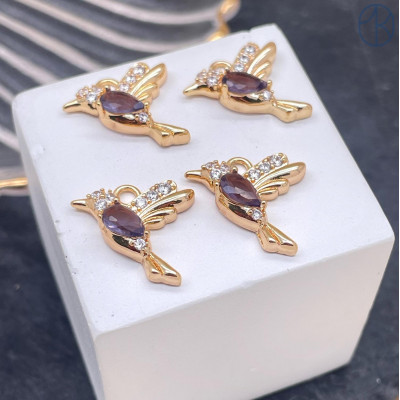 Подвеска колибри сиреневый циркон, цвет золото 19х22 мм 