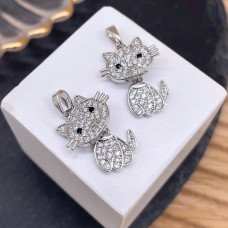 Подвеска кот цирконы, цвет серебро 20 мм Подвеска кот цирконы, цвет серебро 20 мм