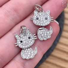 Подвеска кот цирконы, цвет серебро 20 мм Подвеска кот цирконы, цвет серебро 20 мм