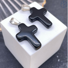 Подвеска крест Агат черный, цвет серебро 26х18 мм
