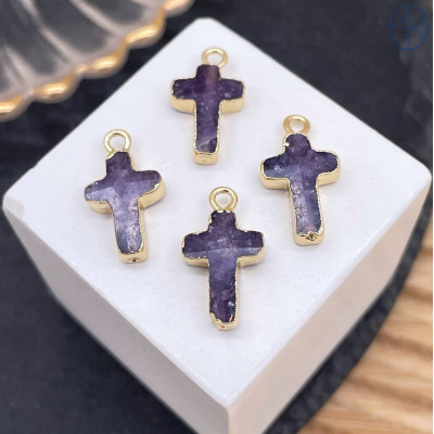 Подвеска крест аметист, цвет золото 14х10 мм