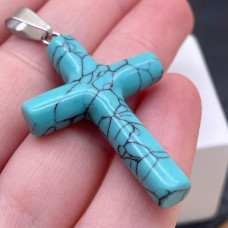 Подвеска крест бирюза (имитация), цвет серебро 40х28 мм
