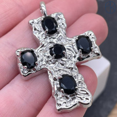 Подвеска крест черные цирконы, цвет серебро 40 мм 