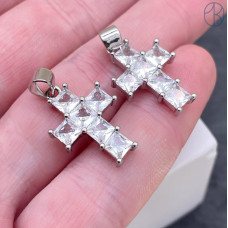  Подвеска крест цирконы, цвет серебро 20х13,5 мм