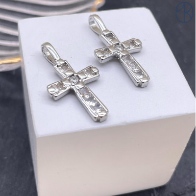 Подвеска крест цирконы, цвет серебро 21х14