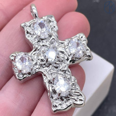 Подвеска крест цирконы, цвет серебро 40 мм 