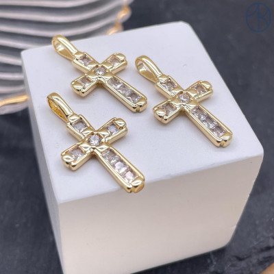 Подвеска крест цирконы, цвет золото 21х14