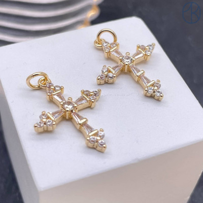 Подвеска крест цирконы, цвет золото 21х16 мм